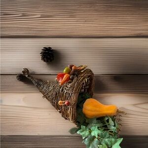 Vintage Cornucopia Wicker Basket Fall Decor Thanksgiving